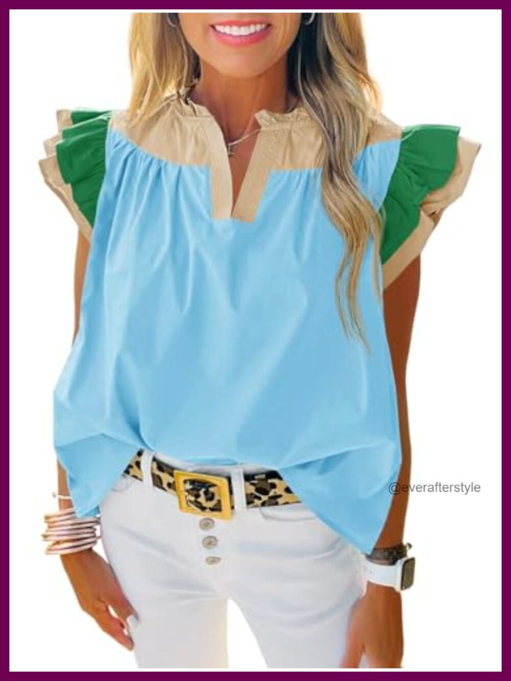 Womens 100% Cotton Color Block Ruffle V Neck Puff Sleeve Blouse Top